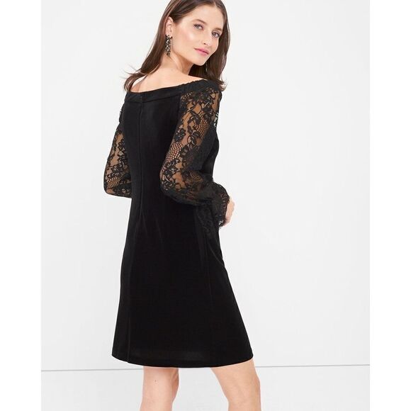 White House black market Off-The-Shoulder Lace Sleeve Black Velvet Shift Dress s - Picture 1 of 7